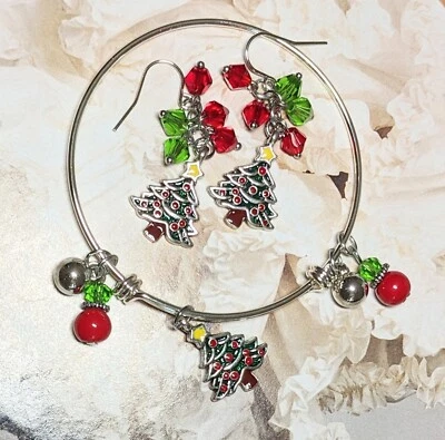 Christmas Bracelet Bangle Earring set Christmas Tree Red Green Teen Woman - Image 1 of 4