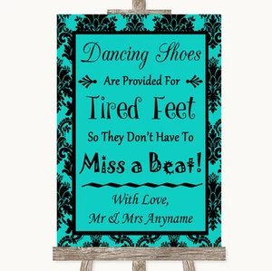 Turquoise Damask Dancing Shoes Flip-Flop Tired Feet Personalised Wedding Sign - Picture 1 of 8