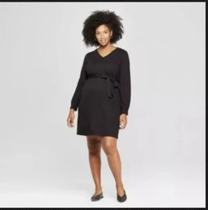 NWT! Isabel Maternity Black V-Neck Tie-Waist Dress - Size XL - Picture 1 of 7