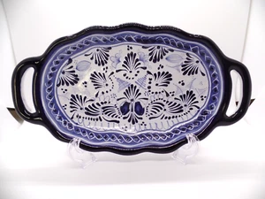 TALAVERA Mexican Pottery Oval Serving Dish with Handles Hand Painted Blue White - Picture 1 of 5
