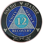 AA 12 Year Medallion, Black Rainbow, Blue Glitter, Alcoholics Anonymous Coin