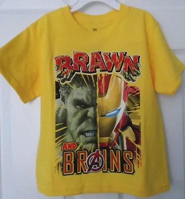 BOYS' HULK & IRONMAN YELLOW SHORT SLEEVE T-SHIRT - "BRAWN & BRAINS" - 5/6 - NWT - Image 1 of 4