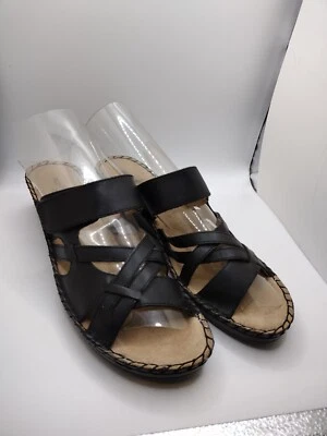 Duck Head Women's size 10 N Beth Black Leather Cross Strap Wedges Slide Sandals - Image 1 of 4