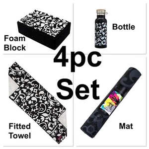 French Bull Yoga 4PC SET Mat Towel Block Water Bottle Black White Vine WITHit - Picture 1 of 21