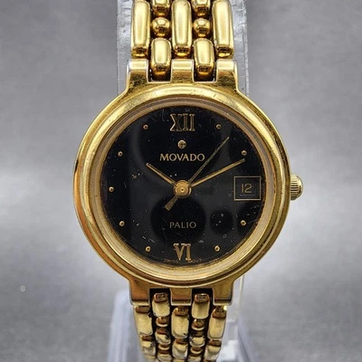 Movado Palio Watch Women 23mm Black Dial Gold Plated 81.34.822H New Battery - Image 1 of 4