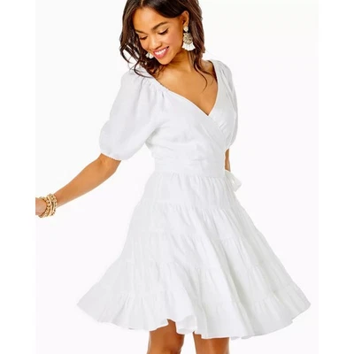 New Lilly Pulitzer Iralee Linen Wrap Dress White Waist Tie Puff Sleeve Sz 10 - Image 1 of 4