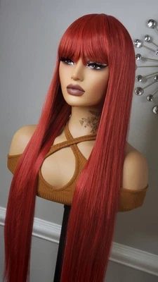 NEW Extra Long Straight Bangs Human Hair Blend Quick Easy Style Full Cap Wig Red - Image 1 of 4