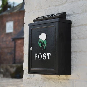 'Norfolk Rose' Black Wall Mounted Post Box with White Rose - Lockable Letter Box - Picture 1 of 6