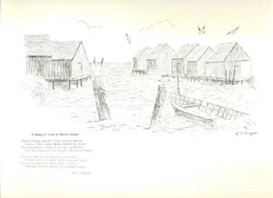 Estampado a pluma y tinta de Ruth Ann Burgess verso de M.C. Spruill - Mann's Harbor, Carolina del Norte - Imagen 1 de 2