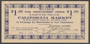 On & After 1936 Depression Scrip $1 California Market San Jose Shafer CA670-1  - Picture 1 of 2