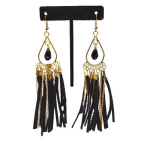 Dangle Earrings Black Faux Gold Tone Chain Long Tassel Statement Jewelry Pierced