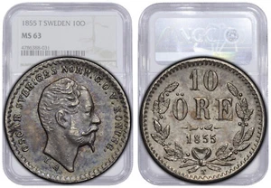 SWEDEN, Oscar I, 10 Ore 1855 T, NGC MS 63 - Picture 1 of 8