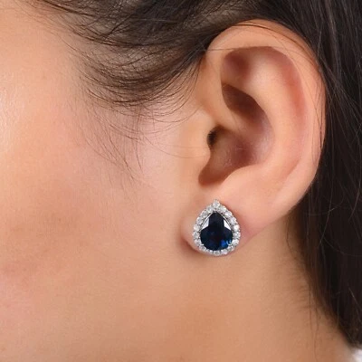6.09 TCW Blue Sapphire SI/H Pear Shape Diamond Stud Earrings Gift 18k White Gold - Image 1 of 4