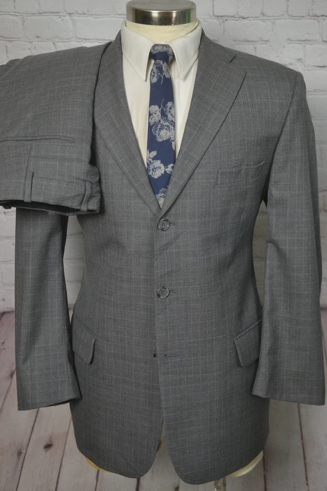 Tom James Mens Gray Check Classic Wool 2 Piece Suit 39S Jacket 35x31 Pant - Image 1 of 4