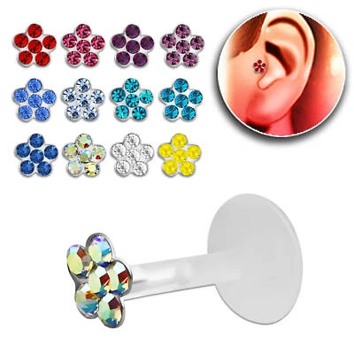 Bioflex Lip Stud / Monroe / Tragus 925 Silver Push in Flower 6mm Crystal — 第 1/3 张图片