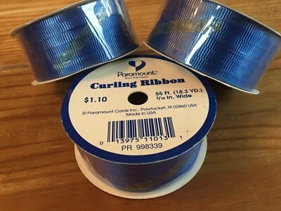 3 VINTAGE BLUE CURLING GIFT  RIBBON ROLLS BY PARAMOUNT 55 FEET 3/16" WIDE USA - Image 1 of 4