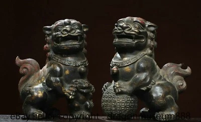 Par de estatua de león guardián perro foo fu fengshui dorado cobre chino antiguo de 8" Foto 1 de 4