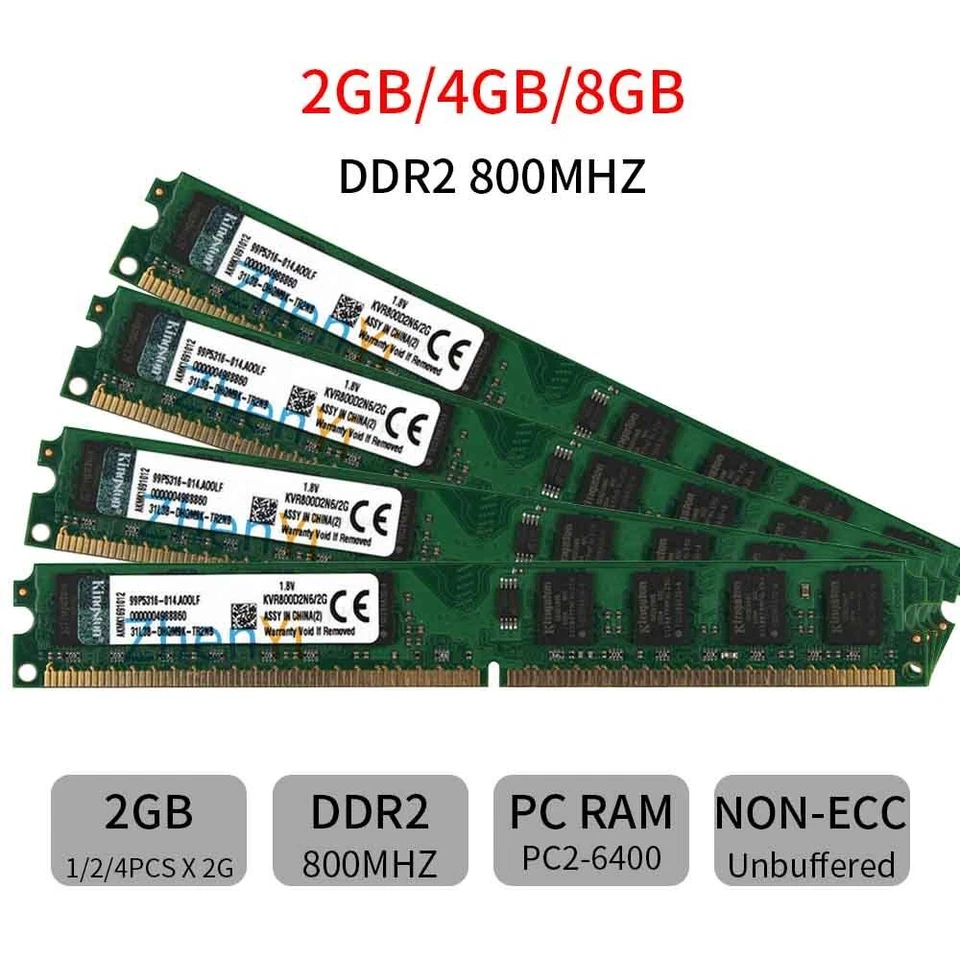 Original Kingston 8GB 4GB 2GB DDR2 800Mhz PC2-6400 KVR800D2N6/2G Desktop Memory - Image 1 of 4