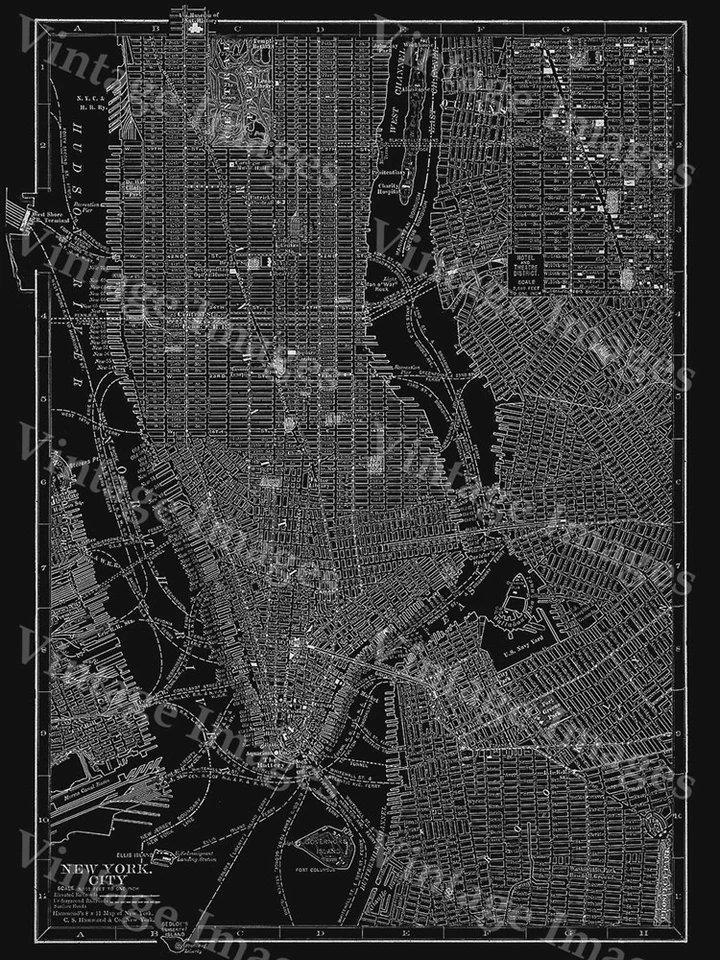 BLACK 1910 NEW YORK CITY STREET MAP ART PRINT POSTER - Image 1 of 1