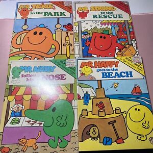 1982 Mr Men Little Miss Word Books Lot of 4 Tickle Nosey Happy Strong Vintage