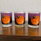 Vtg Hallmark Halloween Votive Candle Holders Glass Pumpkins W/Candles_Set Of 3