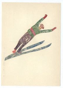STAMP ART COLLAGE - SKI JUMPER Skiing - Vintage Postcard - RARE - Picture 1 of 2