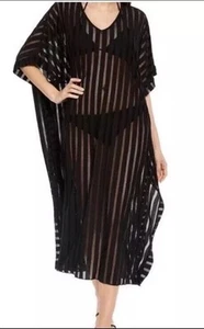 Calvin Klein Striped Maxi Caftan Cover-up, Black, One Size - Picture 1 of 3