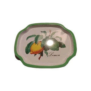 Vintage Tin Metal Tray Lemon Green Rim Vanity Trinkets Catchall Serving - Picture 1 of 3
