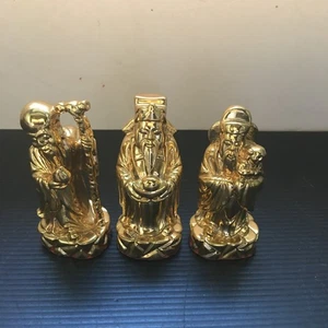 Vintage Goldene drei Unsterbliche: Fu Lu Shou chinesische Glücksstatuen Set 3,75" Höhe - Bild 1 von 8