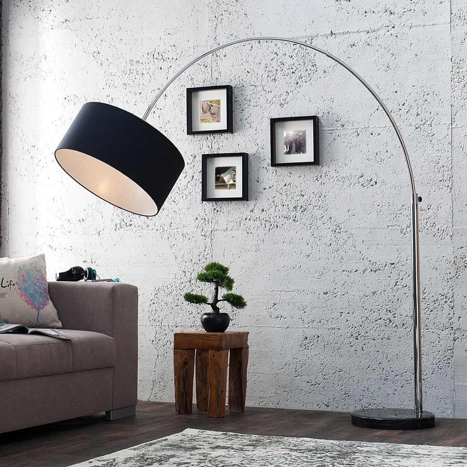 Design Bogenleuchte LOUNGE DEAL schwarz Natur Leinen Schirm ausziehbar Stehlampe - Bild 1 von 4