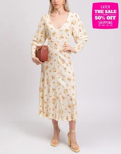 RRP €350 GHOST LONDON Crepe Midi Dress Size XL Yellow Floral V-Neck - Picture 1 of 7