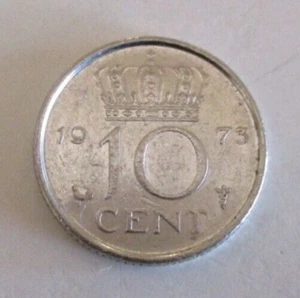 1973 - Netherlands 10 Cent Coin - Dutch - Crown and Queen Juliana - Circulated - Picture 1 of 4