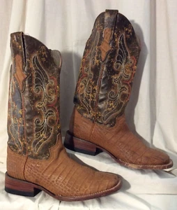 FERRINI Mujer 71⁄2B Bordada Puntera Cuadrada Marrón Bota de Vaquero Suela de Cuero Apegada - Imagen 1 de 9