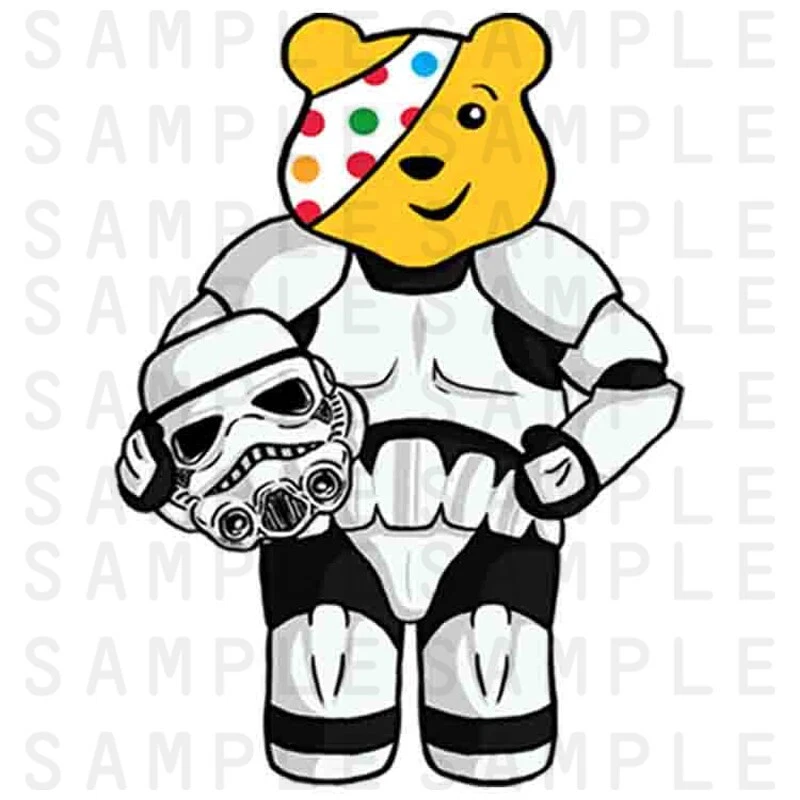 Camiseta Stormtrooper Pudsey Iron On Transferencia Luz Blanca Niños Necesitados Oso