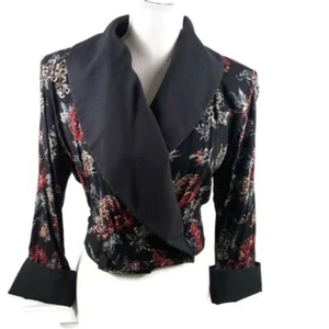Vintage 90's Floral Dress Jacket L/XL Black Red Cuff Bell Sleeves Button Wrap - Picture 1 of 13