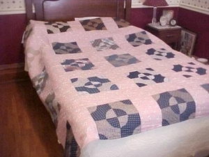 QUILT, GREAT BLACKS and BLUES on PINK, circa 1900s - Picture 1 of 4