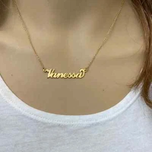 Personalized Sterling Silver Name Plate Yellow Gold Plated Necklace -Vanessa - Picture 1 of 8