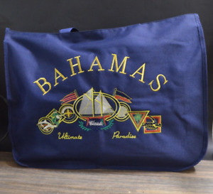 Embroidered Bahamas Bag Travel Beach Shopping Navy Blue Canvas Tropical