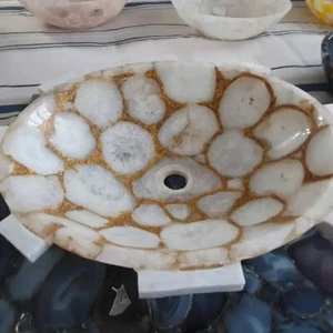 "Handcrafted White Agate Stone Sink – Vanity Counter Basin for Bathroom Decor" - Picture 1 of 4