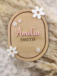 Personalised Wooden Engraved Name Plaque Baby Announcement Sign Flowers And Name - Picture 1 of 10