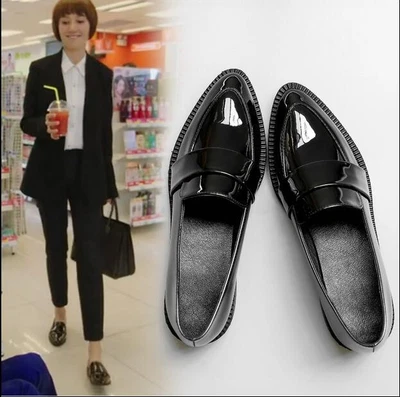 Womens Patent Leather Casual Shoes Ladies Black Cuban Heel Pointed Toe Oxfords - Image 1 of 4