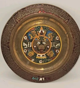 VINTAGE Azteken Maya Kalender Wandteller Souvenir 5,5" Messing Emaille Mexiko - Bild 1 von 9