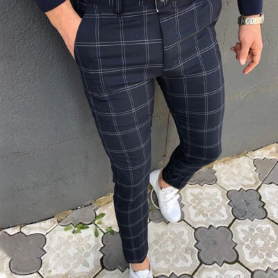 Men Plaid Pants Slim Fit Skinny Trousers Casual Business Formal Check Trousers - Image 1 of 4