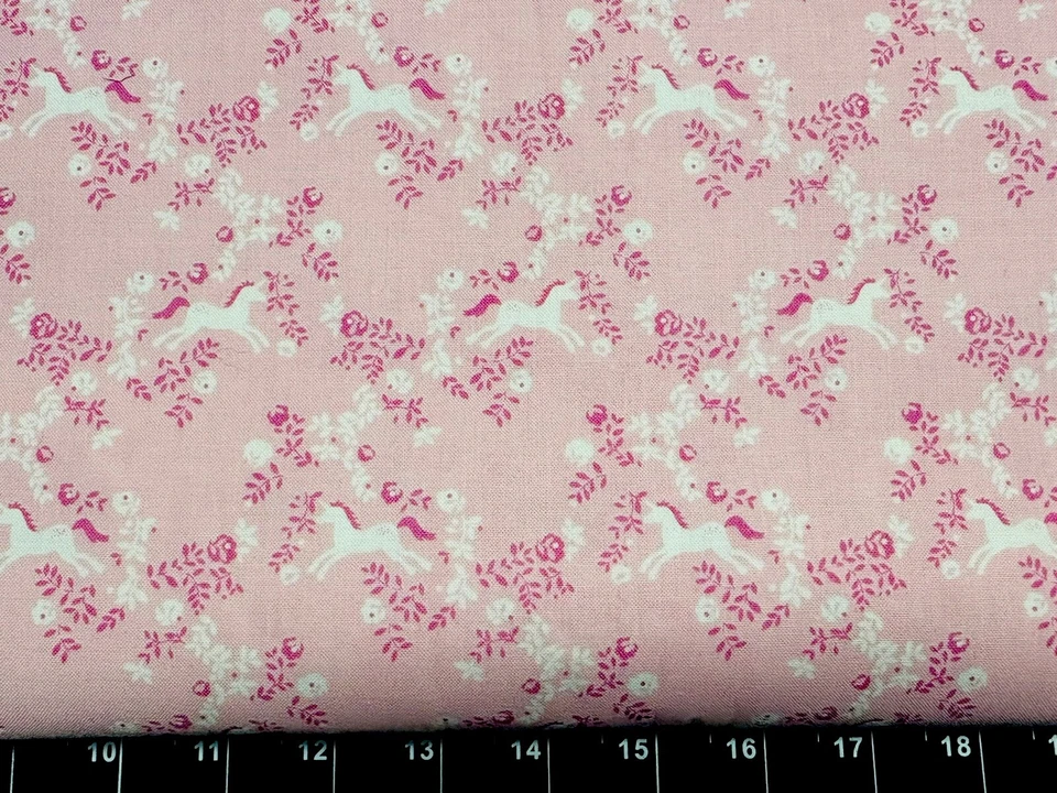 Tina Scrap 9"x21" Pink Unicorn Flower Lattis Leaf Rose Floral Pony Cotton Fabric - Image 1 of 1