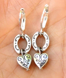 Altered Brighton Dangle Silver Etched Heart Petite Charm On Lever Back Earrings - Picture 1 of 2