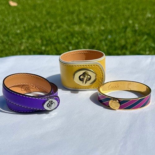 3 NUOVI Bracciali Coach Pelle Viola Doppio Avvolgimento Polsino Giallo Smalto Viola