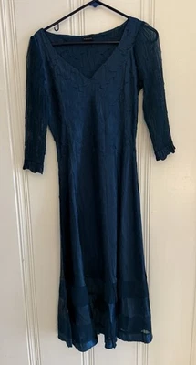 Komarov Sz M Teal Pleated Crepe Dress Cap Sleeve V Neck Sheer Sleeves Hemline - Image 1 of 4