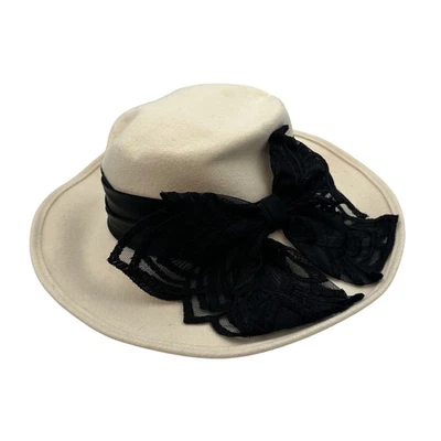 De colección Joe Bill Miller Sombrero de Lana Crema Negro Encaje Lazo Derby Vestido Sombreros Hecho en EE. UU. Foto 1 de 4