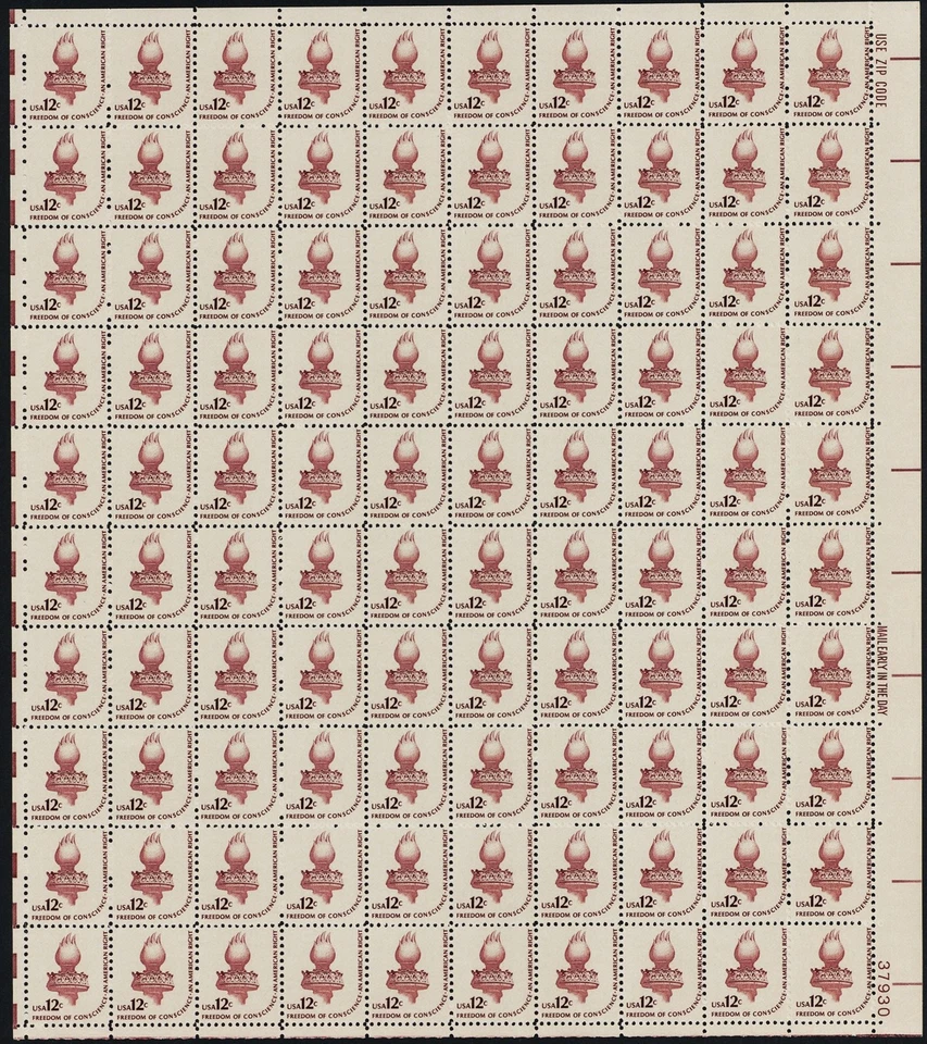 Folha de 100 selos 1594, perfeito estado NH 12¢ tocha - Stuart Katz - Imagem 1 de 1