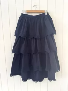 Seed Heritage Tiered Cotton Blend Midi Skirt Size 10 Navy Blue Ruffle Broderie - Picture 1 of 9